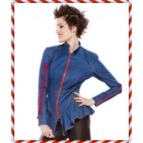 Peplum Moto Jean Blazer Blue Denim Jean Jacket - Picture 5 of 5